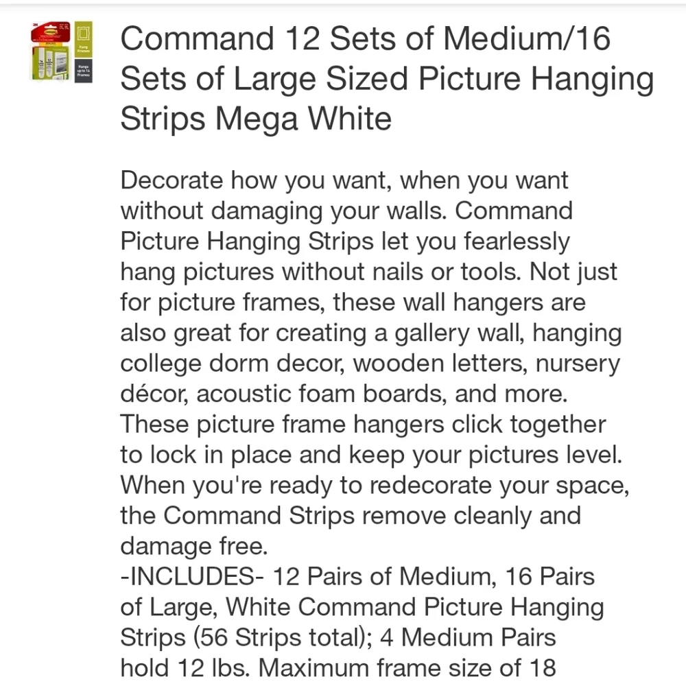 Command 12 Sets of Medium - 16 Sets of Large Size Picture Hanging Strips